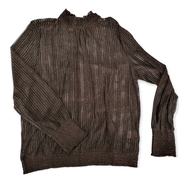 New Semi-Sheer Black Glitter Mockneck Blouse Long Sleeve Top Sheer Turtleneck - Picture 7 of 11